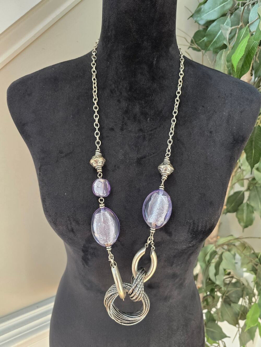 Long Purple Beaded Pendant Necklace Silver Tone Swirl Statement Jewelry